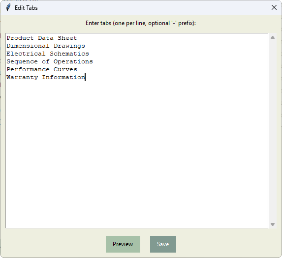 Edit Tabs dialog listing six divider tabs